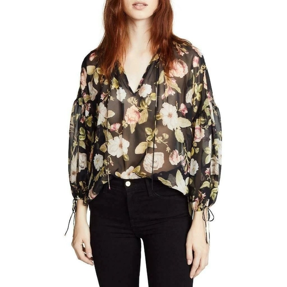 Alice + Olivia Floral Silk Sheer Ruffle Tie Blouse Julius Blouson Romantic M